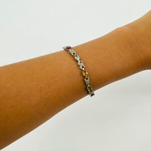 925 SS Multi Gemstone Bracelet Womens 7.5in Silver Hugs and Kisses Link